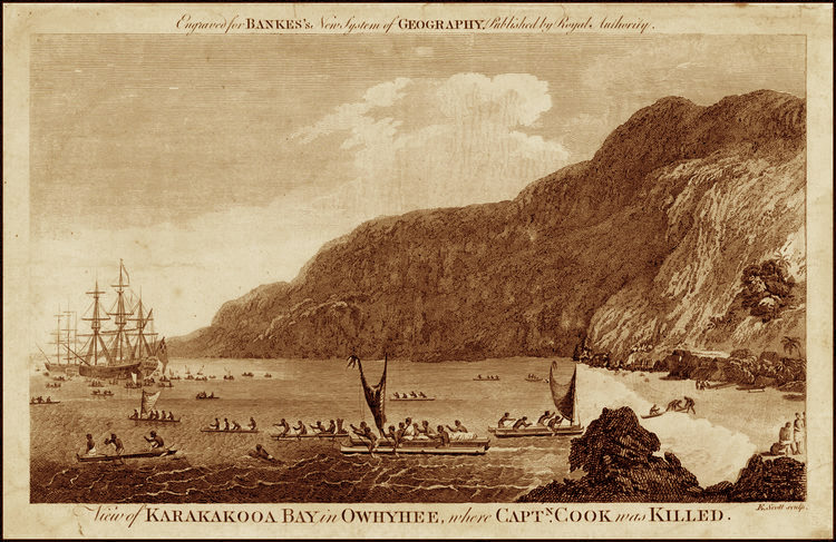 Karakakooa Bay, Hawaii, where James Cook was killed, From Bankes New System of Geography. The scene was originally sketched by John Webber