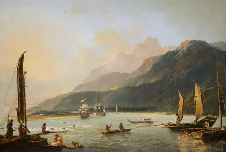 Resolution and Adventure with fishing craft in Matavai Bay, painted by William Hodges in 1776